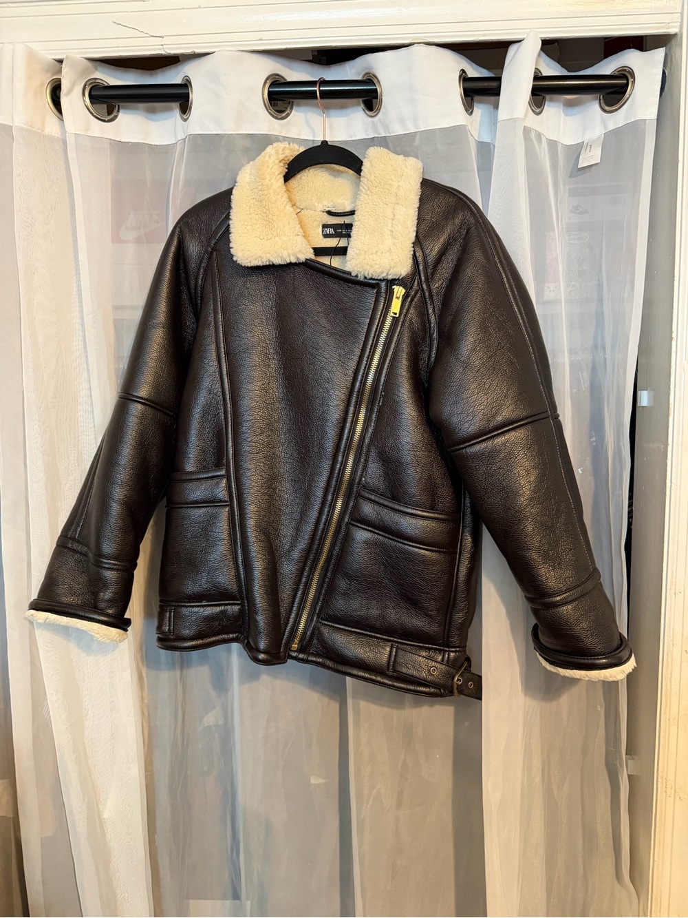 Zara Black Faux Leather Moto Jacket with Cream Shearling Collar